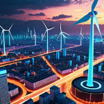 **Prompt:** A futuristic cityscape with wind turbines and smart buildings interconnected by glowing digital threads, symbolizing the integration of digital twins for sustainable urban development and energy efficiency. The image should convey innovation and technological advancement.