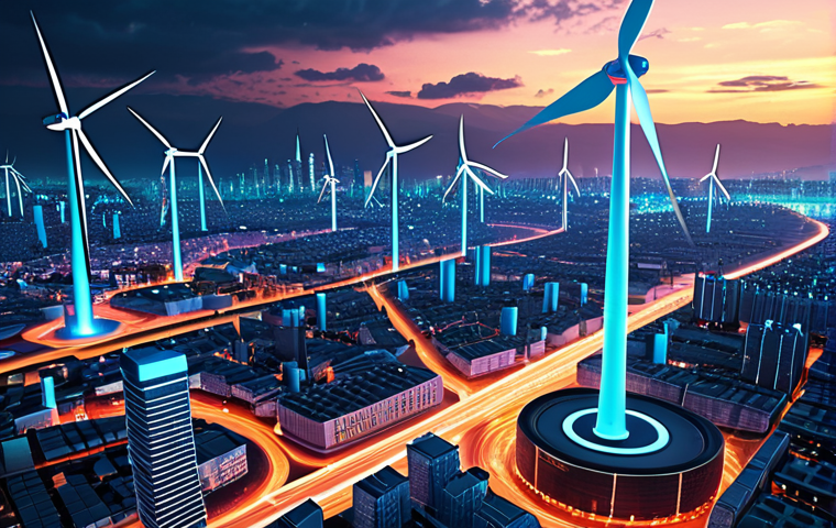 **Prompt:** A futuristic cityscape with wind turbines and smart buildings interconnected by glowing digital threads, symbolizing the integration of digital twins for sustainable urban development and energy efficiency. The image should convey innovation and technological advancement.