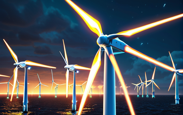 **
"Offshore wind farm digital twin, glowing with data visualization overlays. Focus on predictive maintenance: highlighted turbine components with AI analysis showing potential stress points. Realistic render, dramatic lighting, slight bokeh."
**